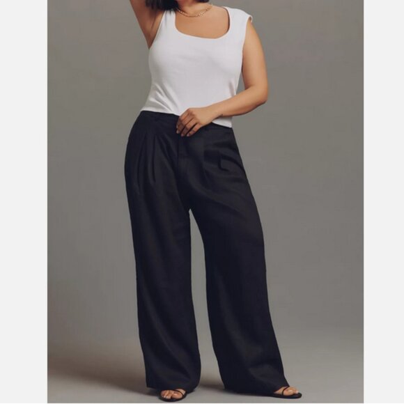 Anthropologie The Avery Linen Pleated Wide-Leg Trousers Pants Maeve Black L NWT - Picture 5 of 5